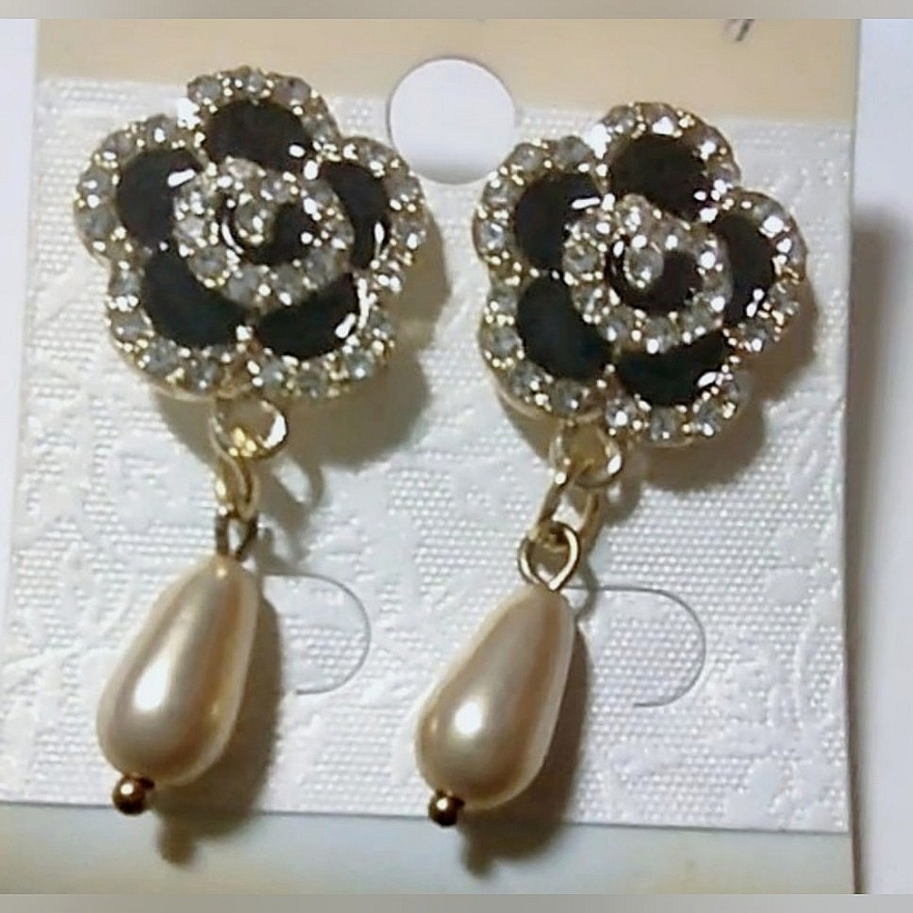 Black Flower & Dangling Pearl Upcycled Earrings